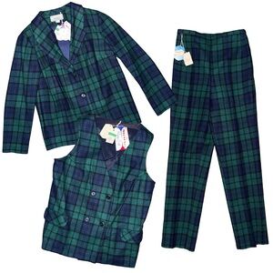 💙💖Vintage 60s Dotty Mann Blue Green Plaid 3pc Pant Suit Matching Set Deadstock